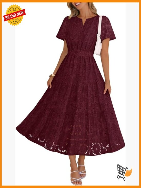 Dresses & Skirts - Women's Summer Boho Floral Maxi Dress Eyelet Lace Short Sleeve A Line